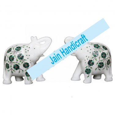 5" Marble Elephant Trunk Up gift Malachite Rare Stone Inlay Mosaic Gift Decor