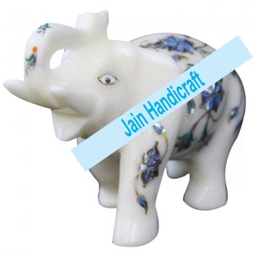 8" Marble Elephant Trunk Up gift Malachite Rare Stone Inlay Mosaic Gift Decor