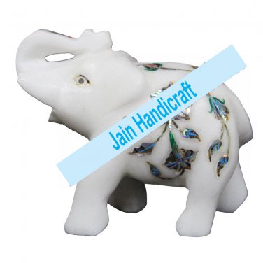 6" Marble Elephant Trunk Up gift Malachite Rare Stone Inlay Mosaic Gift Decor