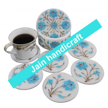 Marvelous Marble Lapis Inlay stone Tea Coffee Coaster Set Kitchen Home Decor
