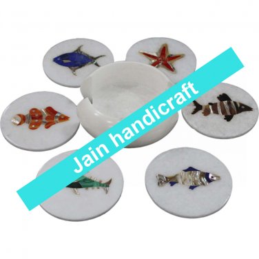 Marvelous Marble Lapis Inlay stone Tea Coffee Coaster Set Kitchen Home Decor