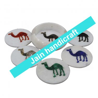 Marvelous Marble Lapis Inlay stone Tea Coffee Coaster Set Kitchen Home Decor