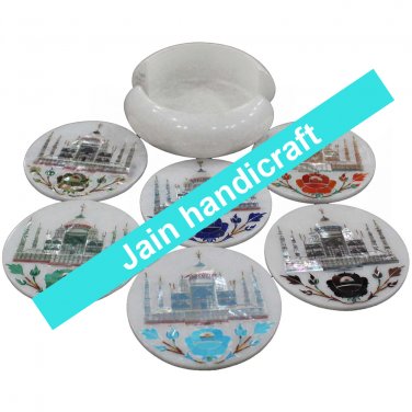Marvelous Marble Lapis Inlay stone Tea Coffee Coaster Set Kitchen Home Decor