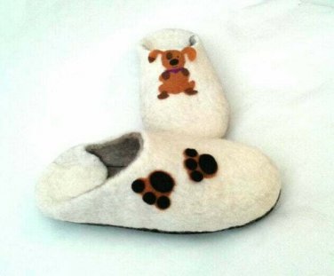 US 7 Wool slippers for women * Puppy * Handmade house shoes