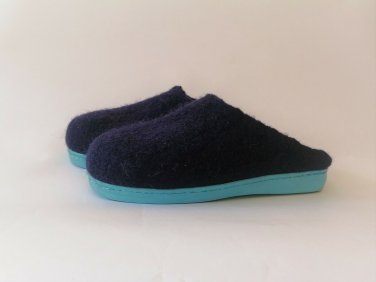 US10 Women blue Felt slippers * Handmade house shoes * Felted mules
