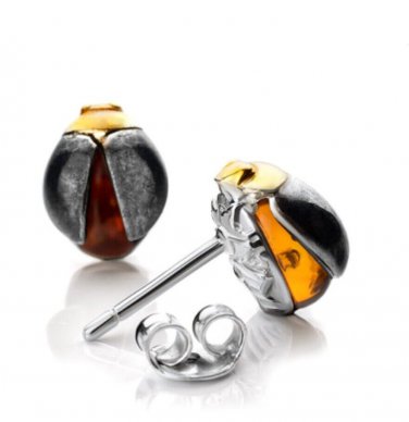 Solid Sterling Silver 925 earrings * Real cognac Amber * stamped * Scarabaeus