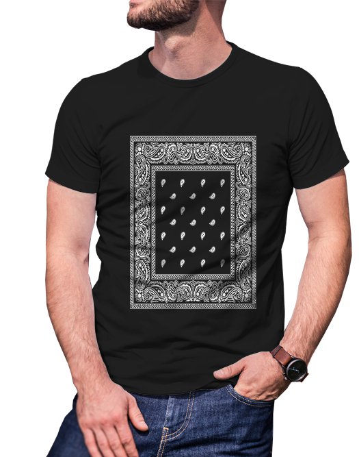 Gildan High Quality Short tee  bandana paisley pattern T shirt Men Black