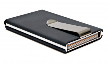 Credit & Store Card Holder & Money Clip Wallet, Slim PU Leather & Aluminium Travel Purse. - Black