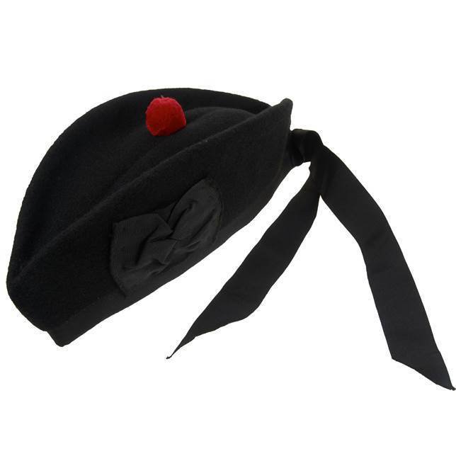 New Glengarry Hat Plain Black with Red Pom Pom