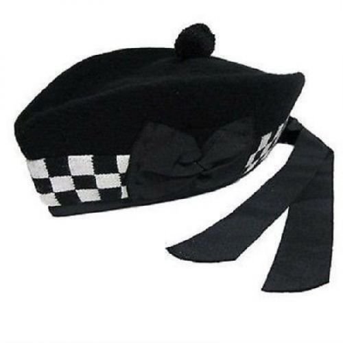 NEW BLACK WHITE GLENGARRY WITH BLACK POMPOM WOOL DICE