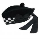 NEW BLACK WHITE GLENGARRY WITH BLACK POMPOM WOOL DICE