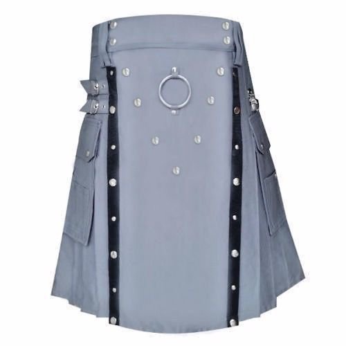 New Men's Handmade Stylish Gray Utility Fashion kilt