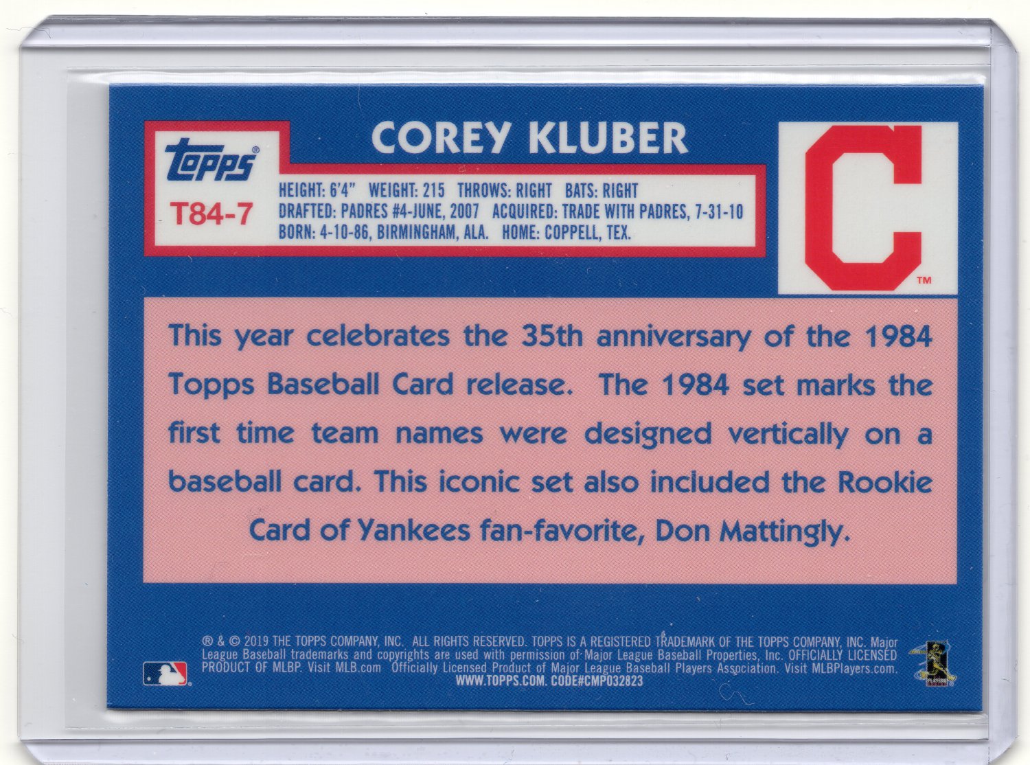 Corey Kluber 2019 Topps Silver Pack 1984 Promo card Cleveland Indians