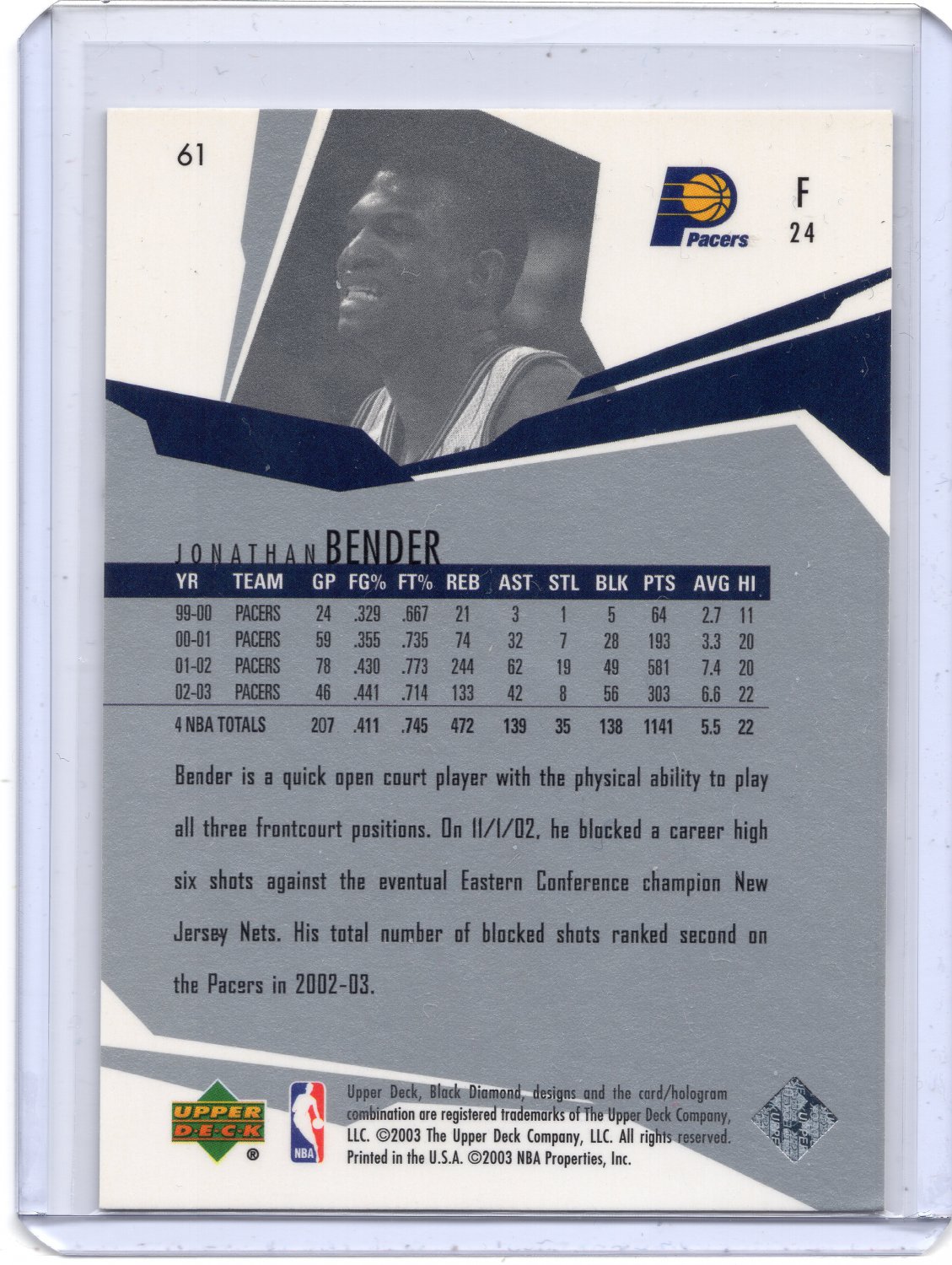Jonathan Bender 2003-04 Upper Deck Black Diamond card #61 Indiana Pacers