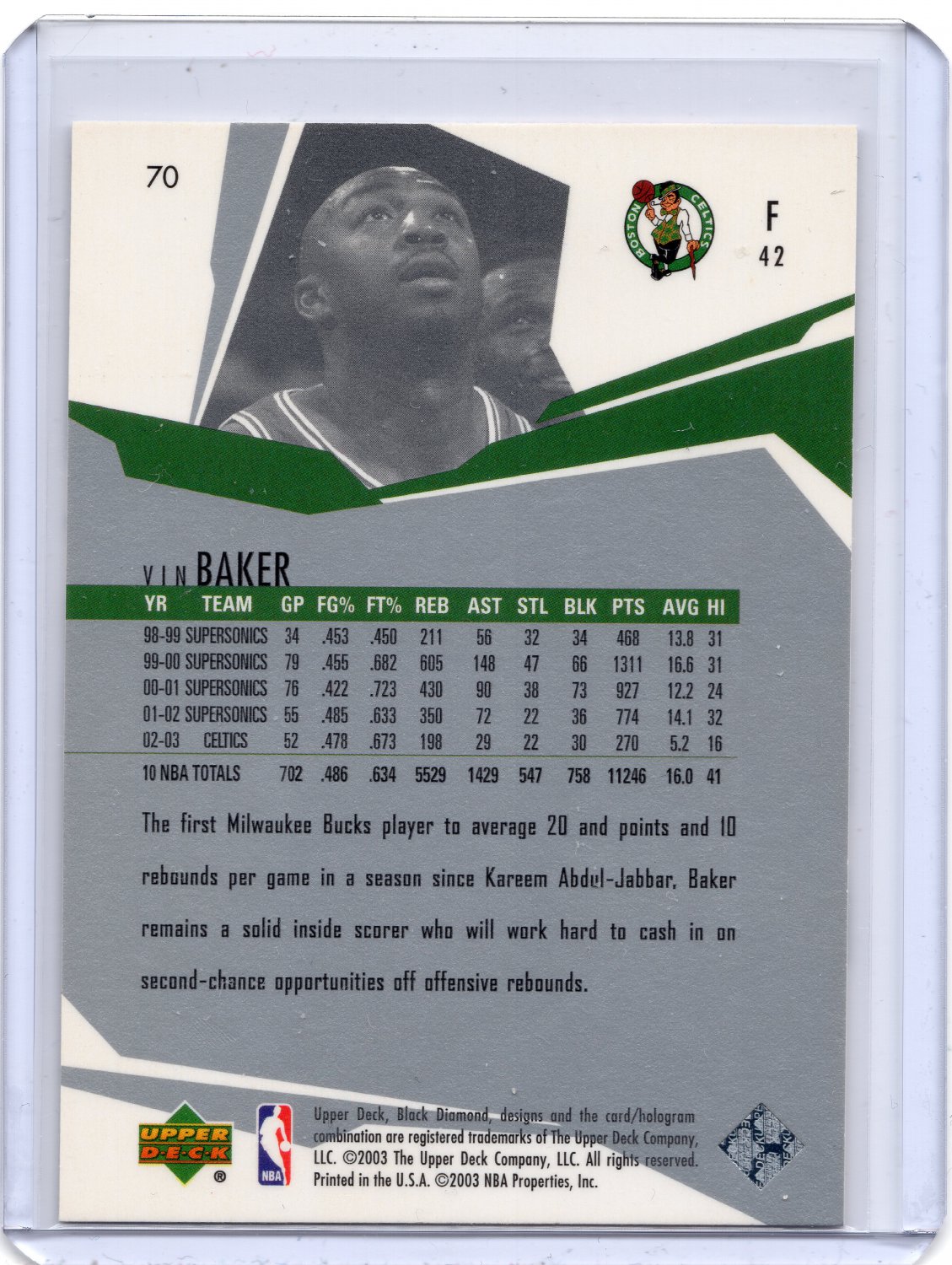 Vin Baker 2003-04 Upper Deck Black Diamond card #70 Boston Celtics