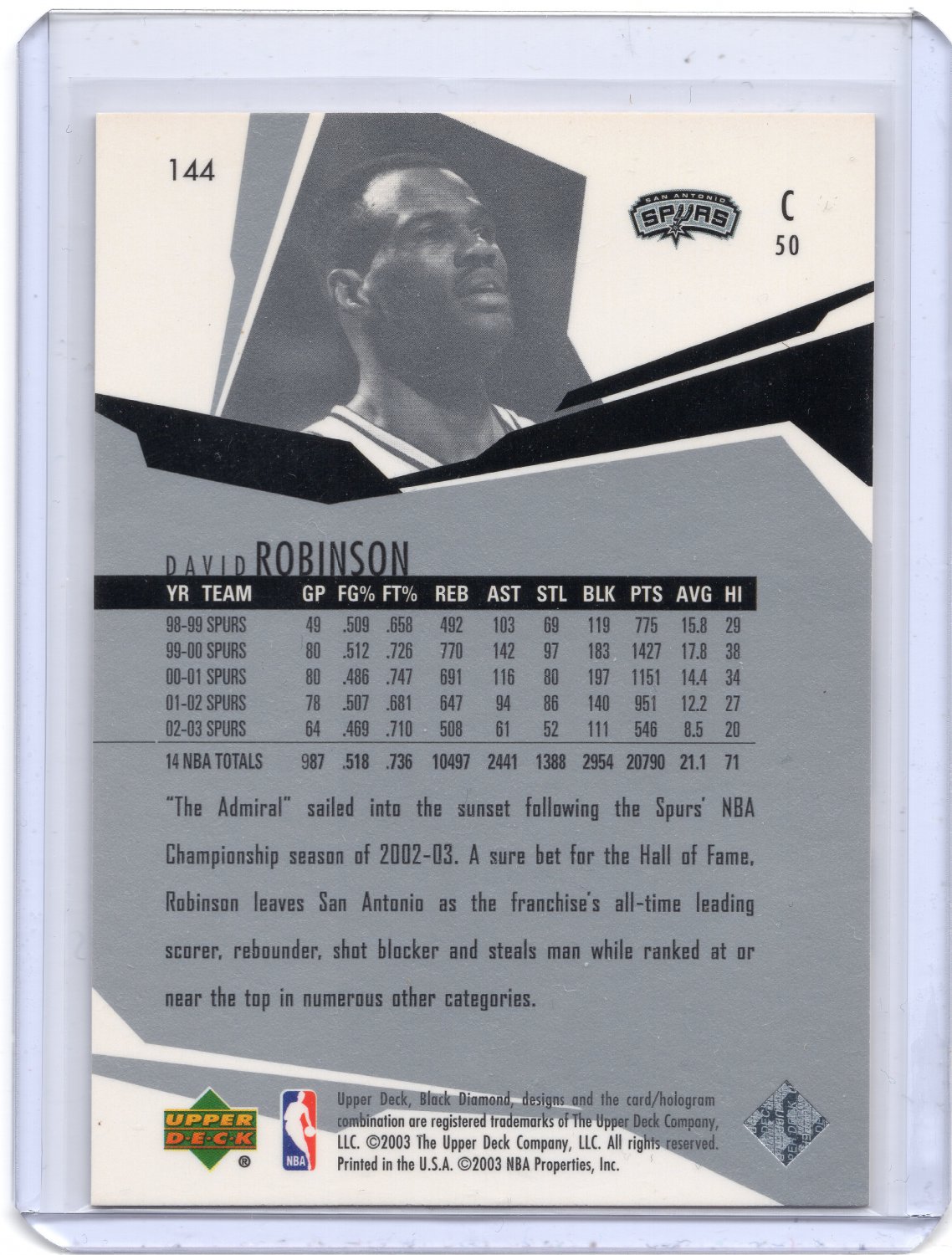 David Robinson 2003-04 Upper Deck Black Diamond card #144 San Antonio Spurs