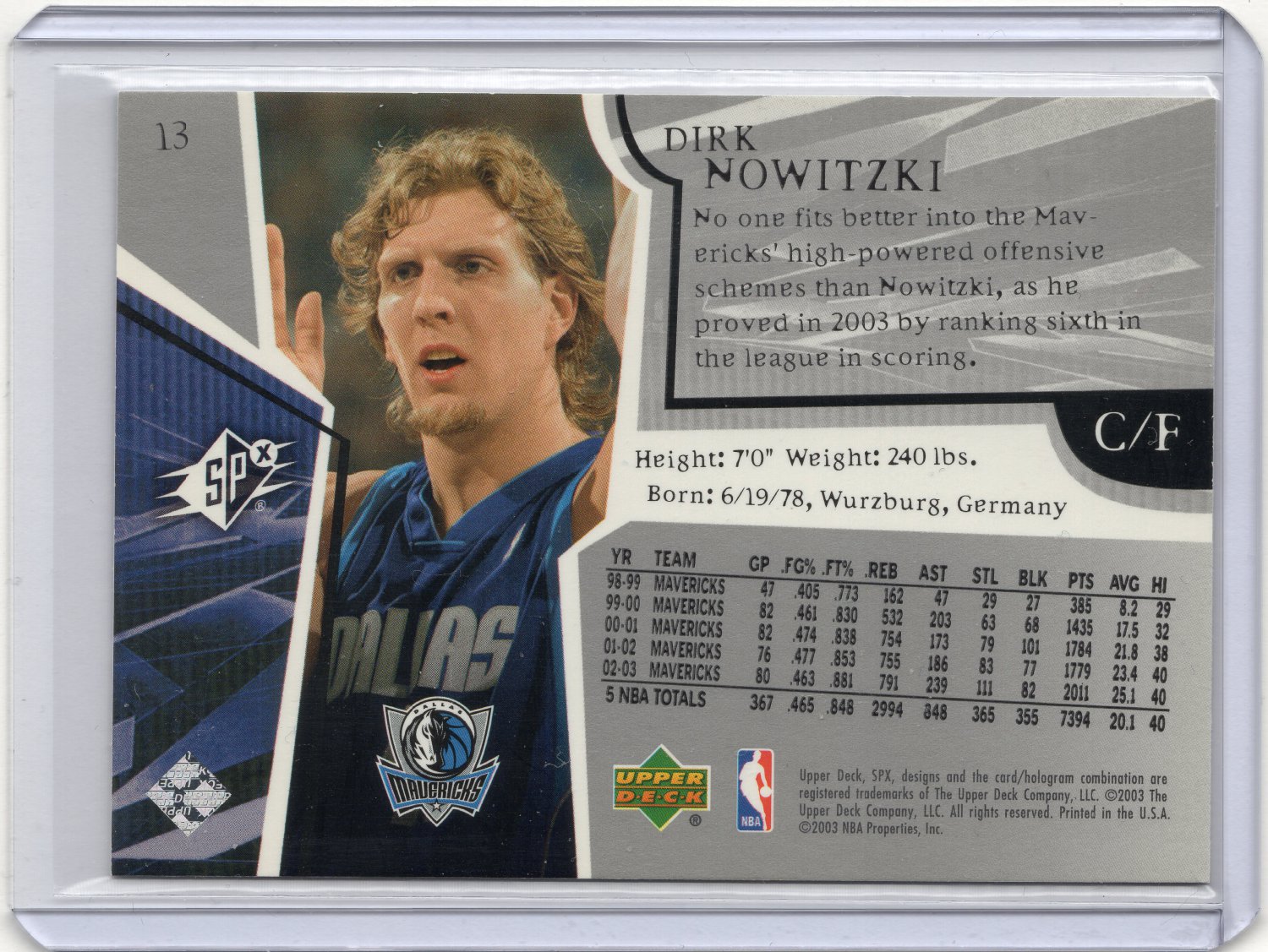 Dirk Nowitzki 2003 04 Upper Deck SPx Card 13 Dallas Mavericks
