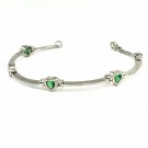 Women's 925 Sterling Silver Bar Link Bracelet Green Gem Hearts 7.5 Inch