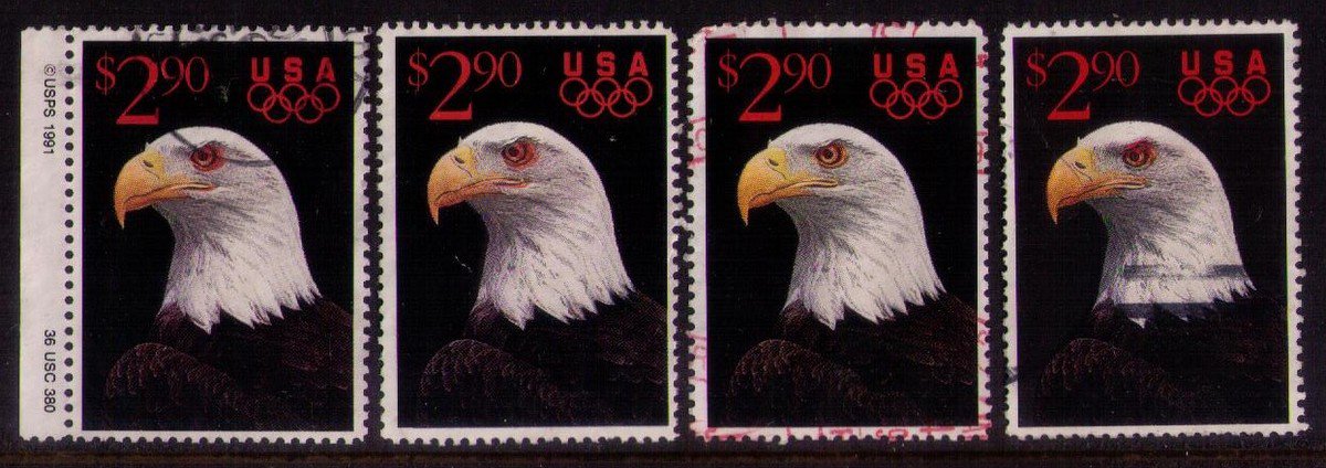 4 Ea US Eagle 1991 Sc 2540 Lithographed Multicolored Eagle Value 2.90 Stamps - Tagged - F-VF..