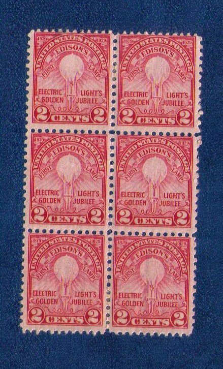 1929 Sc 654 "Block of Six" MLH Edison's First Lamp Very Fine