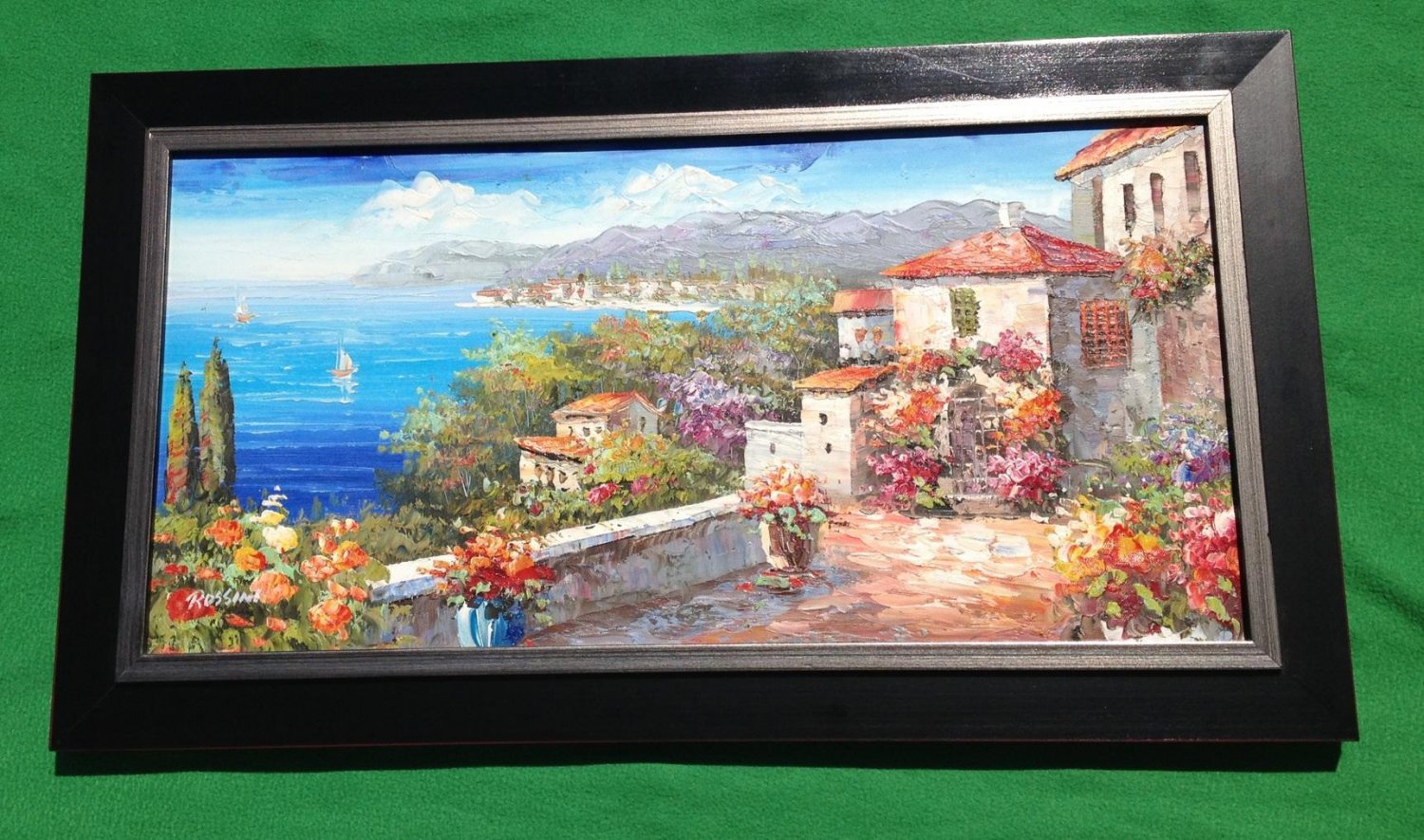 Oil Painting 27.5" Wide X 15.5" Tall by Listed Euro Artist Rossini Overlooking Seascape Italy