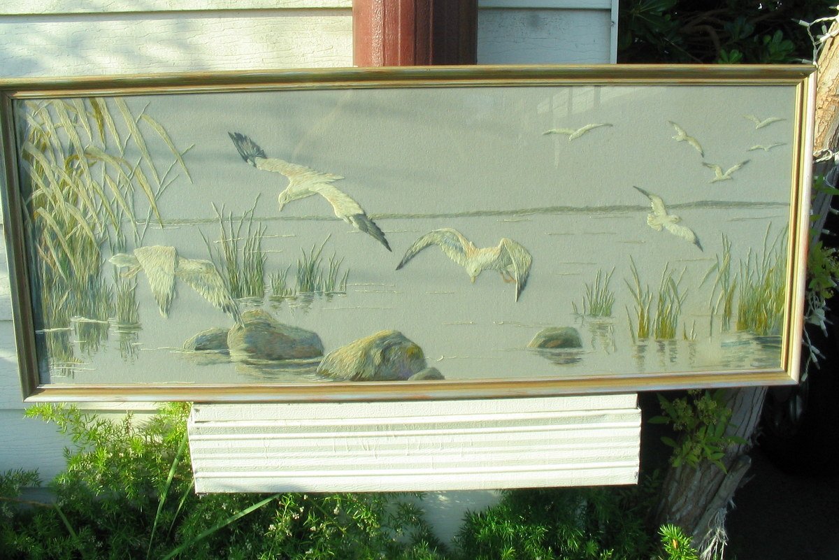 (1940s) Large Sweden Fabric Painting "Seagulls Over Sweden""Bird Litho" 100% Fabric Art Fiber Stich