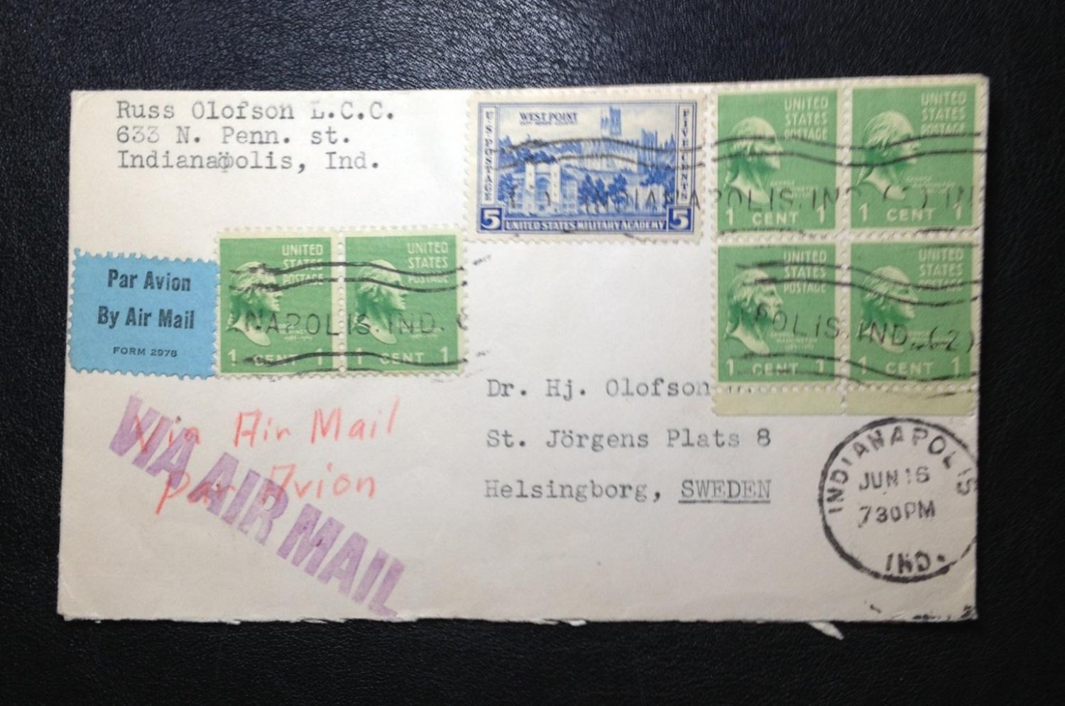 US (1939) MULTI-STAMP COVER  1 STAMP Sc 789 ,1 PAIR Sc 804, 1 BLOCK Sc 804 Via Air Mail to Sweden