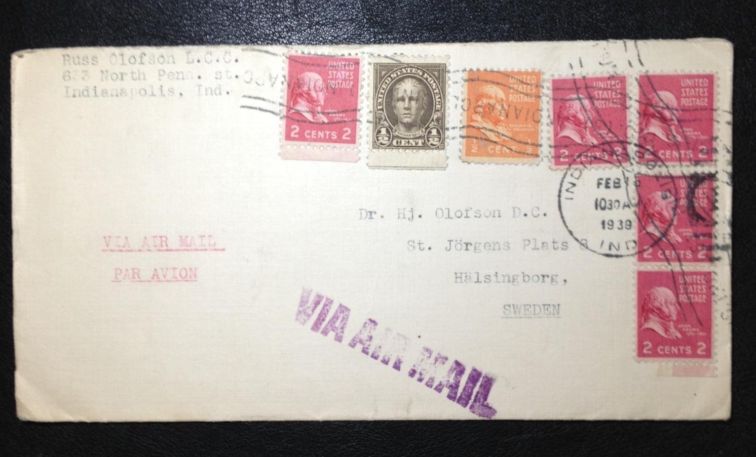 US (1939)  Cover  Sc551 Sc803 (3)  Sc 806 and .pair Sc 806 Canceled Feb 18,1939 to Sweden