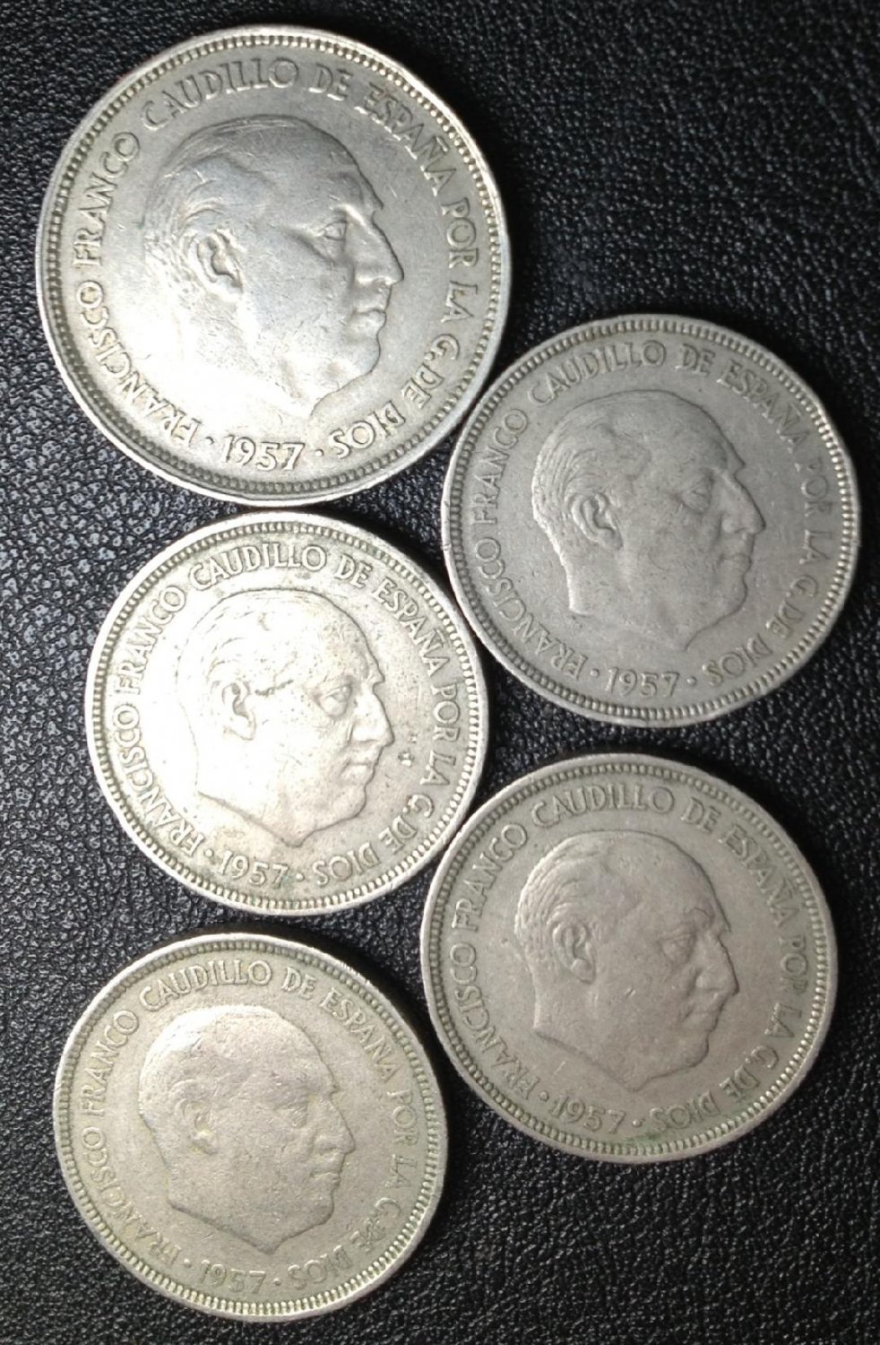 5 ea Lot 1957 Spain 5/25 Pesetas Coins Lot Five Total all XF-40 or Better