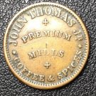 1863 John Thomas Premium Mills, Coffee+Spices Albany, NY Civil War Token,  XF40++