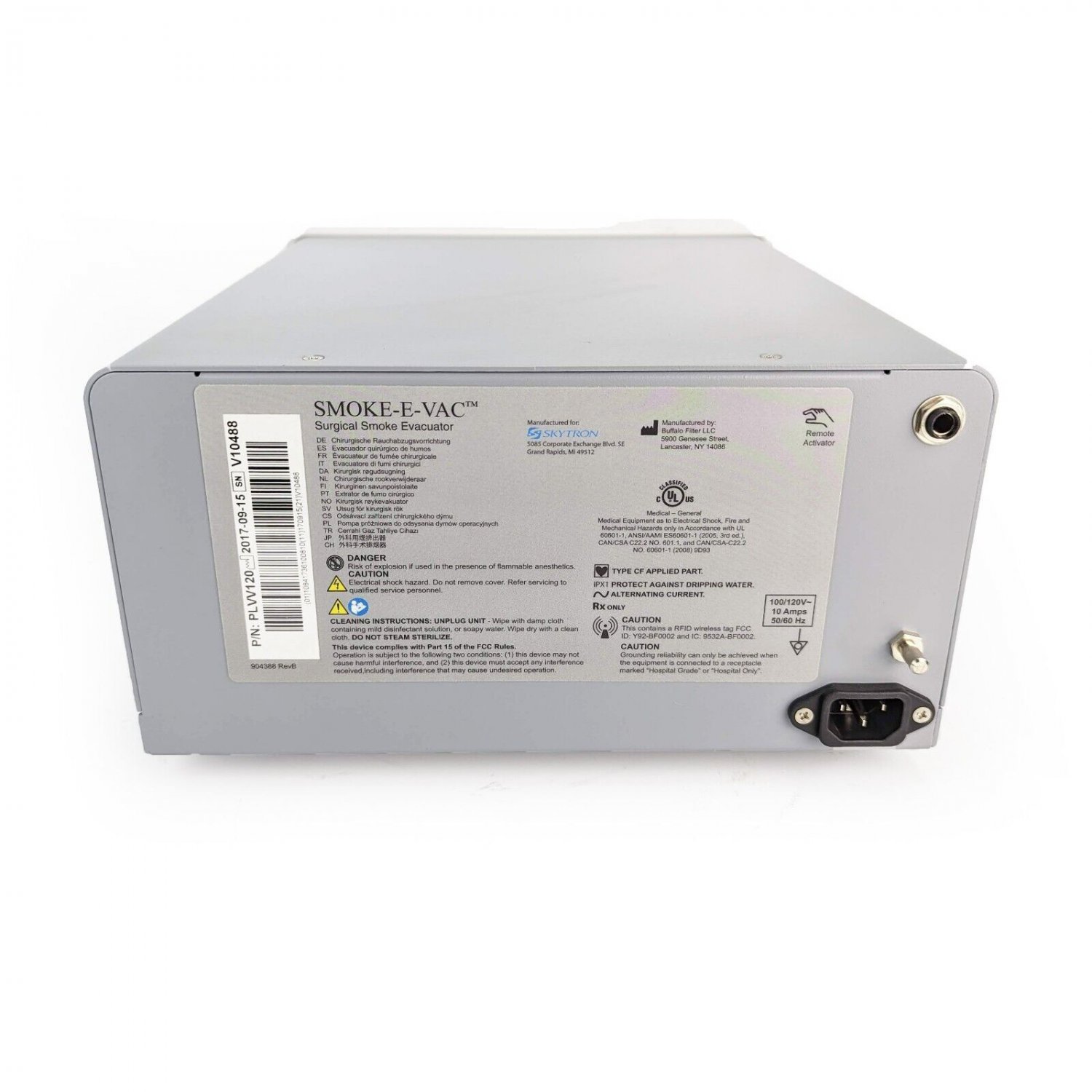 ConMed Skytron Buffalo Air Safe ViroVac VV120 Smoke Evacuator System