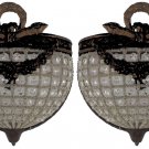 Pair Half Round Antique Patina Replica Crystal Basket French Empire Wall Sconces