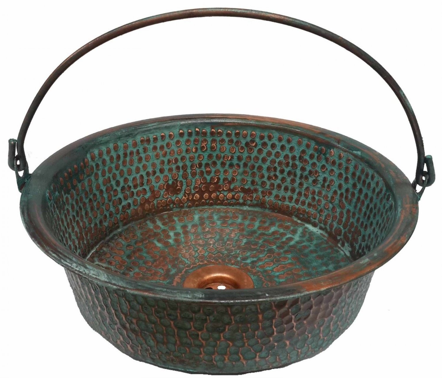 Green Patina Rustic Oxidized Copper Pan Hinged Handle Bathroom Sink Remodel