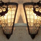 2 Antique Replica Crystal Basket Brass Bird Cage Triangle Wall Sconces Appliques
