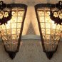 2 Antique Replica Crystal Basket Brass Bird Cage Triangle Wall Sconces Appliques