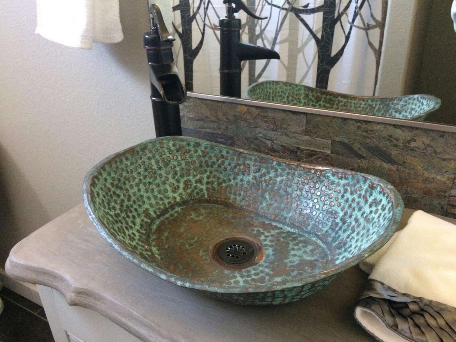 Rustic Green Patina Aged Copper Bathroom Sink Bathtub Boat Canoe Wash Basin Bowl