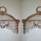 Pair French Empire Replica Ornate Brass Crystal Wall Sconces Appliques