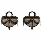 Pair Ornate French Empire Wall Sconces Crystal Bead Chains Bronze Lights Decor