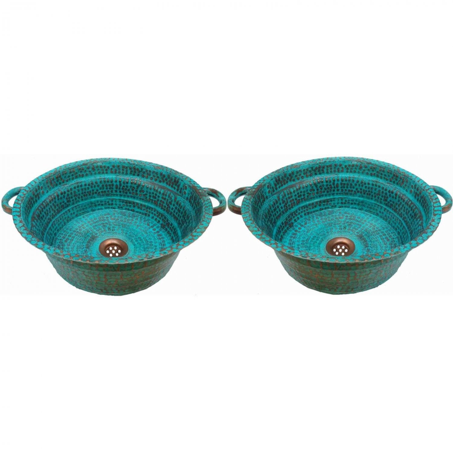 2 Green Patina Aged Rustic Oxidized Pure Copper Pan Panning Bathroom Sinks Bowls