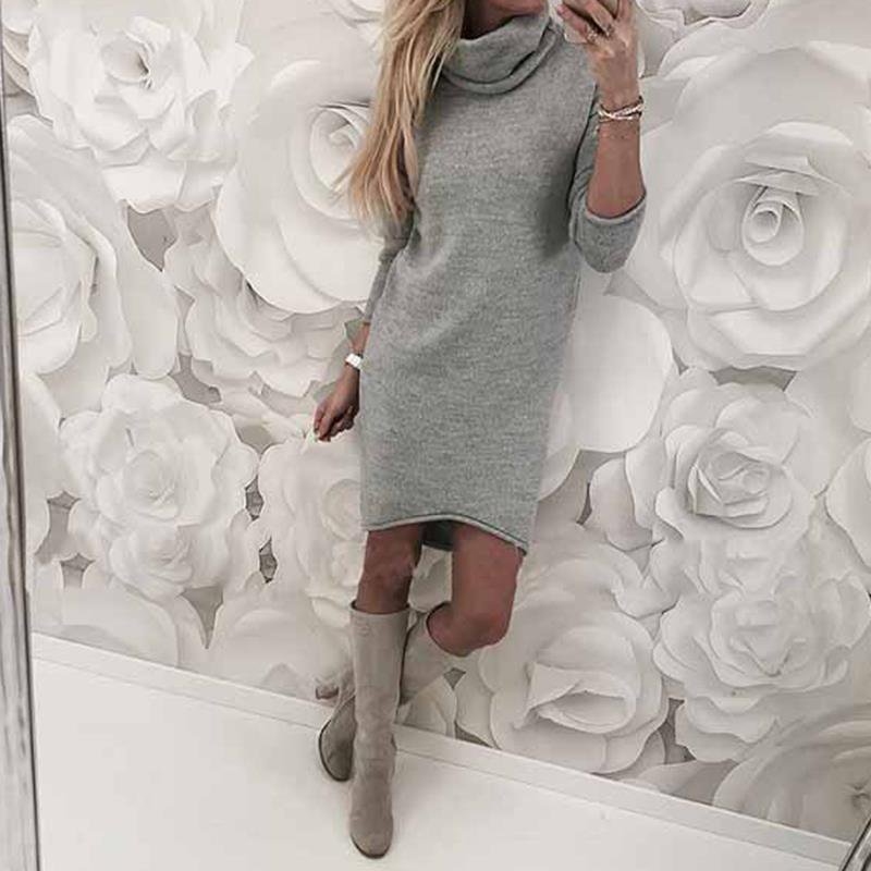 Elegant Solid Long Sleeve Ladies Dresses Winter Vintage Dress Vestidos