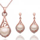 Gold plated pearl and crystal necklace and earring set, bridal wedding jewelry set