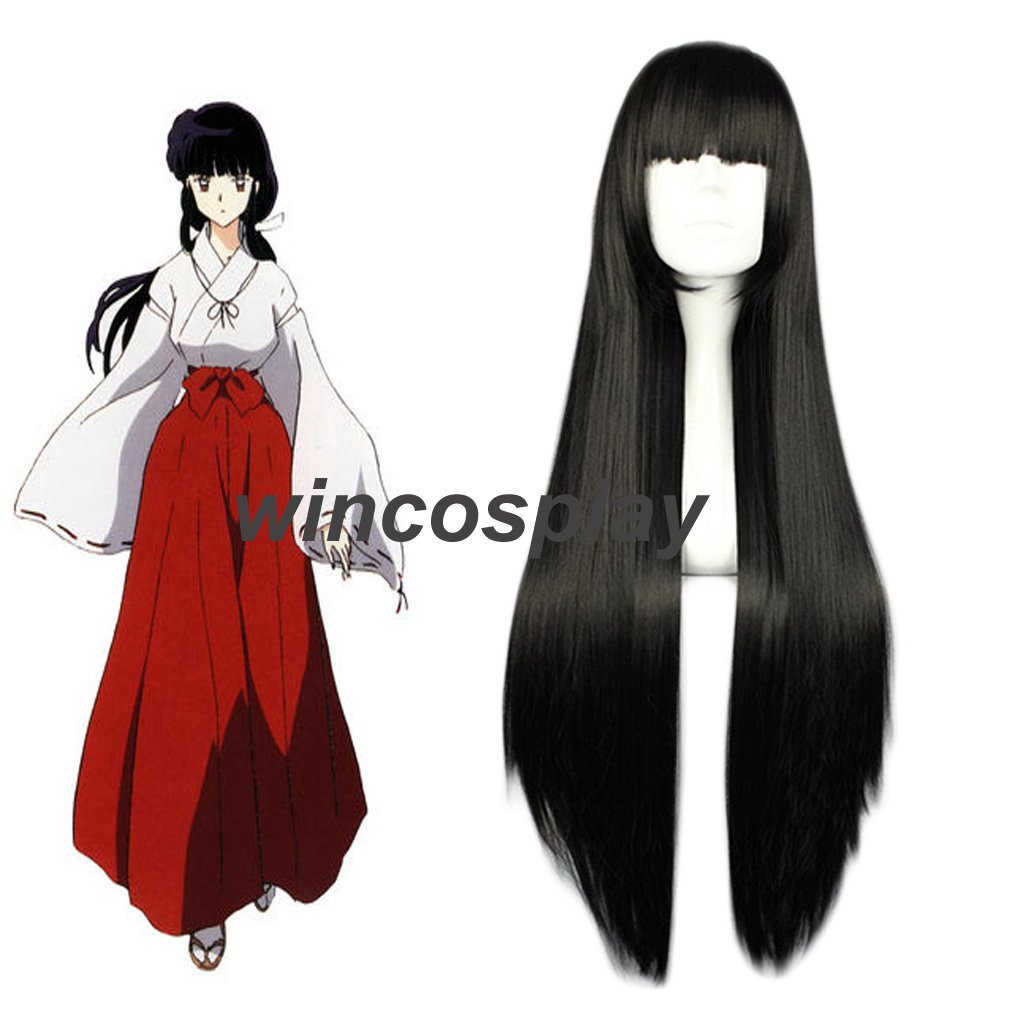 Women Black long straight wig Inuyasha Kikyo Black Cosplay Wigs Hair
