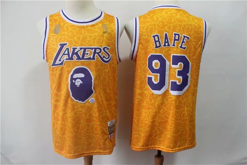 Men's Los Angeles Lakers #93 BAPE Yellow Basketball Jersey ...