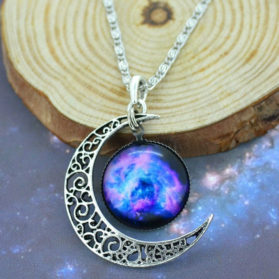 Purple Crescent Moon Nebula Galaxy Necklace