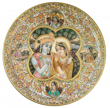 15" White Marble Plate Radha Krishna Gold Embossed Painting Round Plate Gift