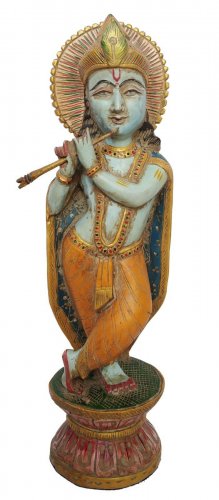 Wood Krishna Statue Hand Carved and Painted