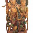 Wood Radha Krishna Statue Painted Love Couple Hand Carved Radha Krishna Painted