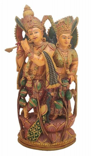 Wood Radha Krishna Statue Painted Love Couple Hand Carved Radha Krishna Painted