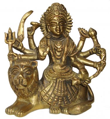 Goddess Durga  Hindu Maa Brass Devi Kali Sitting Lion Religious Idol Figurine