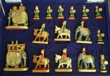 Wooden Chess Set Hand Carved Real Gold Foil Work in Painting Indian Figure Chess
